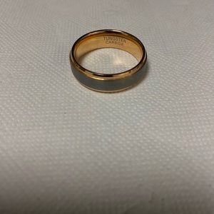 YELLOW GOLD TUNGSTEN RING WITH SILVER BRUSHED FINISH AND BEVELED EDGES